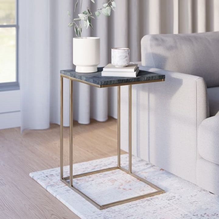 Marble top c-shape side table with decorative accents