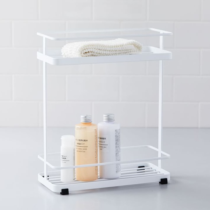 shower caddy on wheels with soap and shampoo