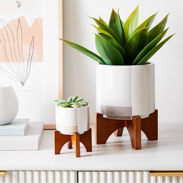 Housewarming gifts: mid-century tabletop planters with plants
