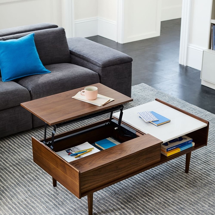 Modern wood coffee table with several hidden storage compartments