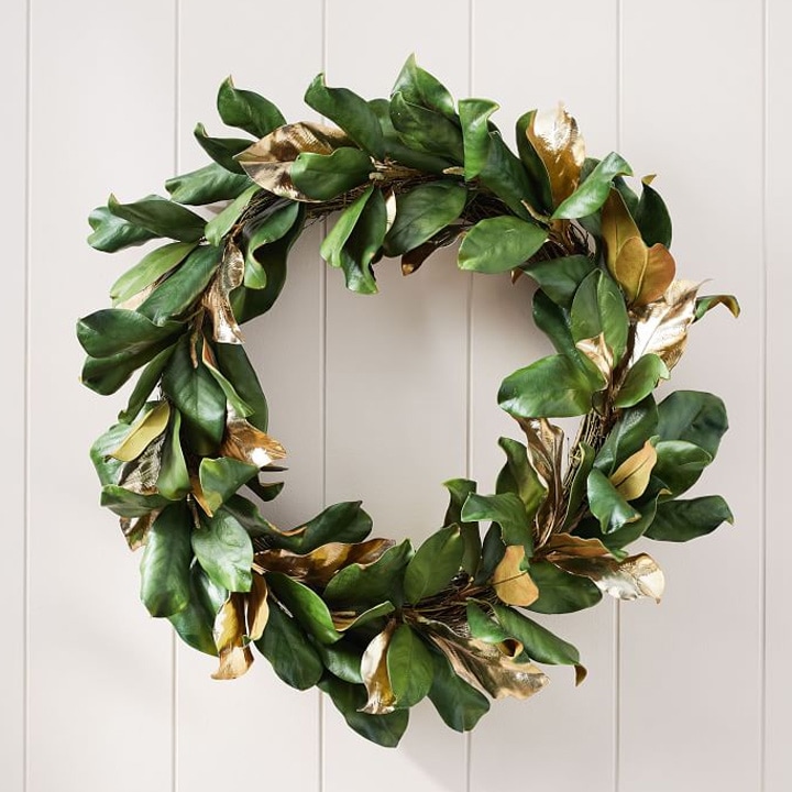 wreath on door with gold and green leaves