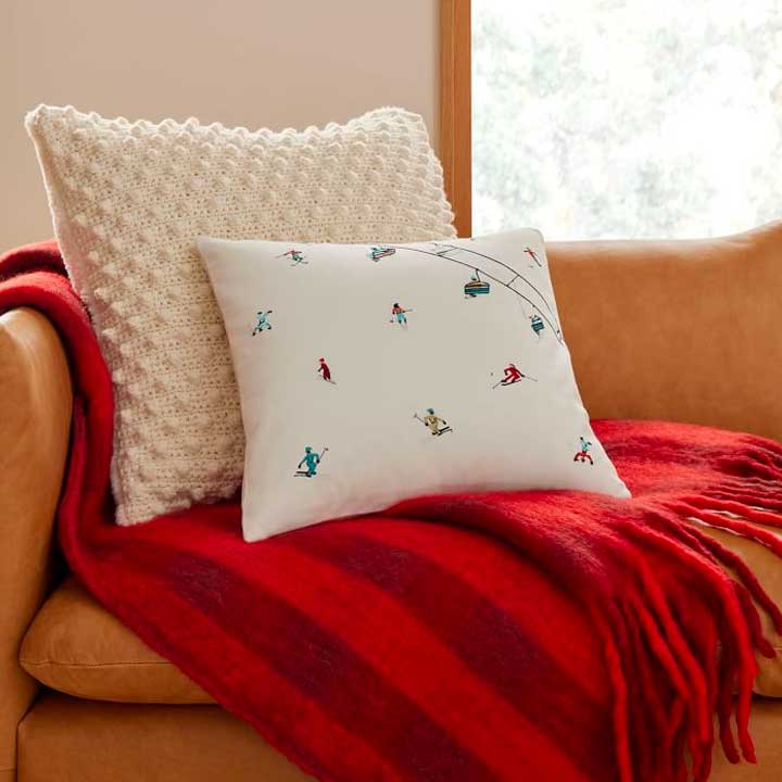 two white pillows and red blanket on leather couch