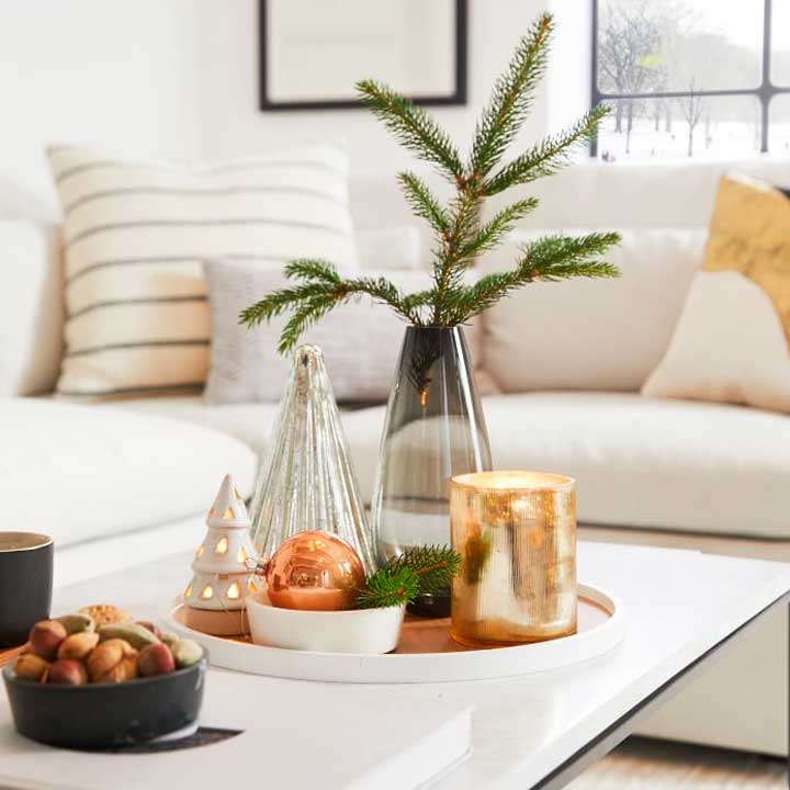 modern holiday decor on tray in living room