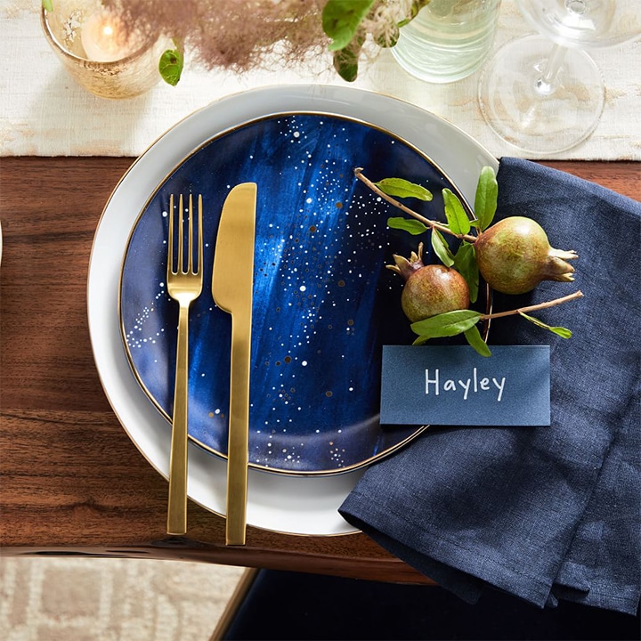Blue constellation place setting with Haley name tag.