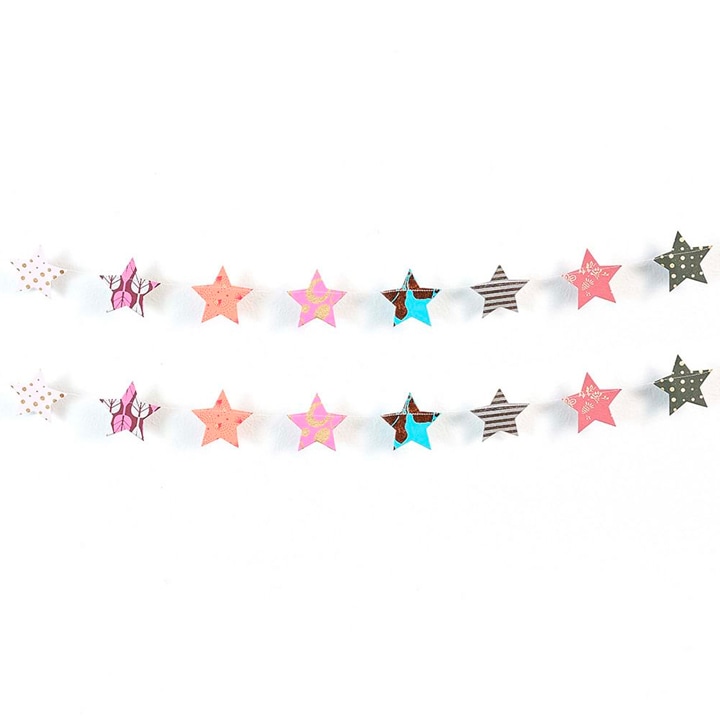Patterned star garland on white background.