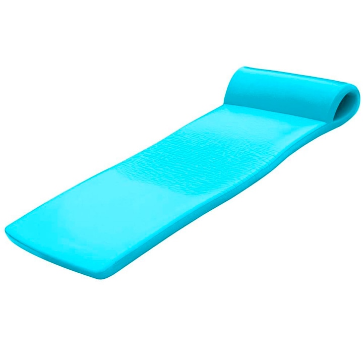 Teal pool float on white background.