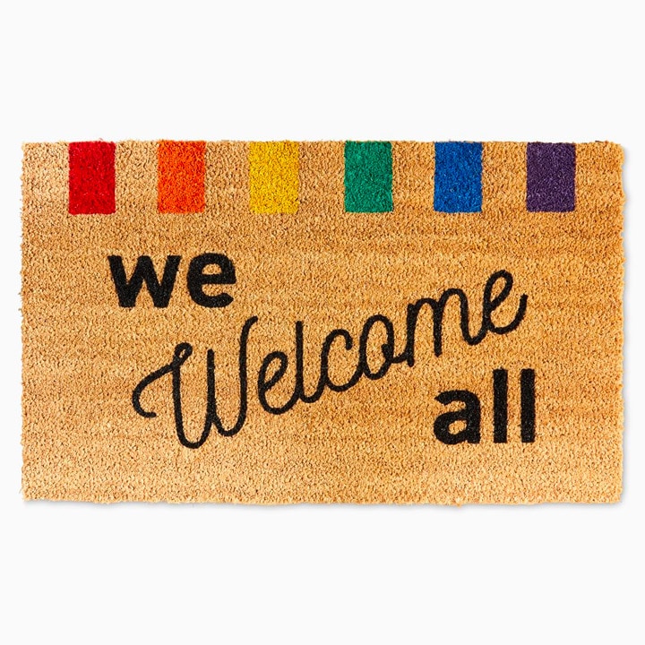 Welcome doormat with Pride rainbow.