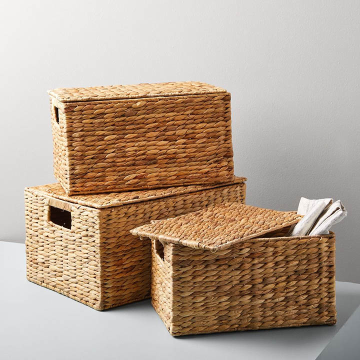 Twist weave lidded storage baskets.