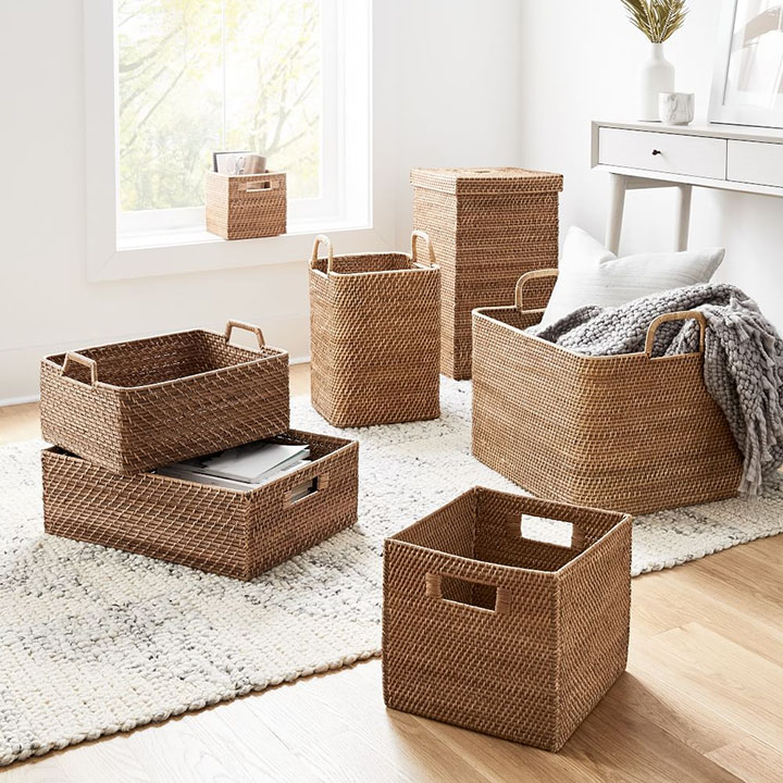Modern weave rattan baskets collection in varying sizes.