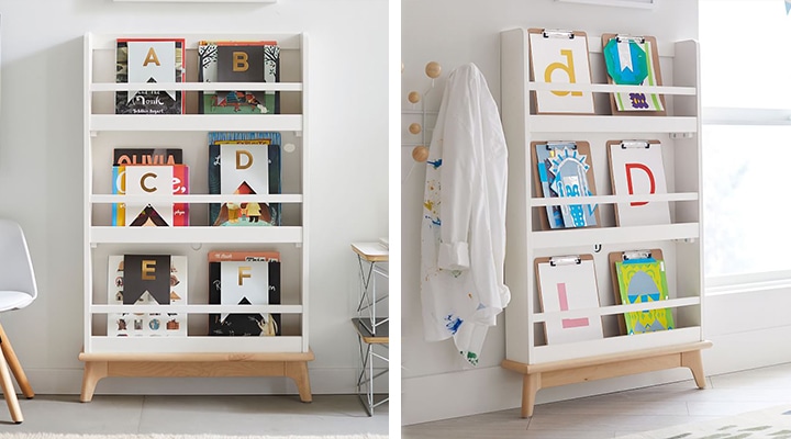 White kids' bookrack with wooden legs White kids' bookrack with wooden legs