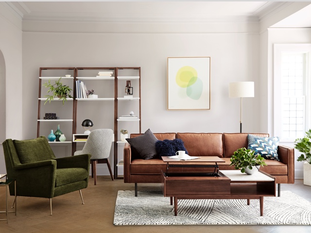 West elm online camel leather couch