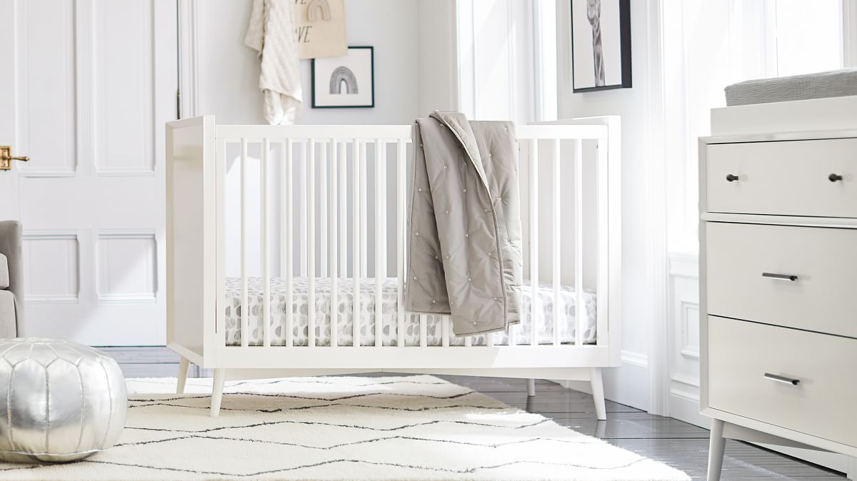 White mid store century crib