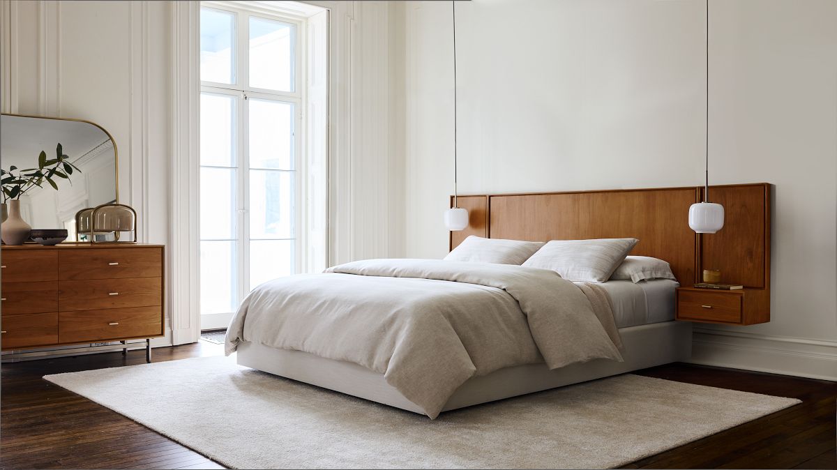 Mid century bed with floating nightstands discount