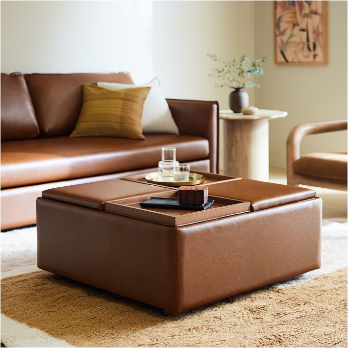Bowman Leather Tray Top Single Storage Ottoman Poly Ludlow Leather Brown Sesame Cool Walnut West Elm