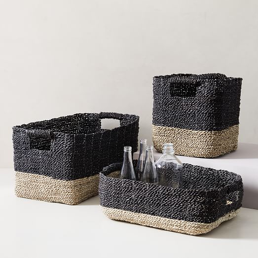 black woven storage baskets