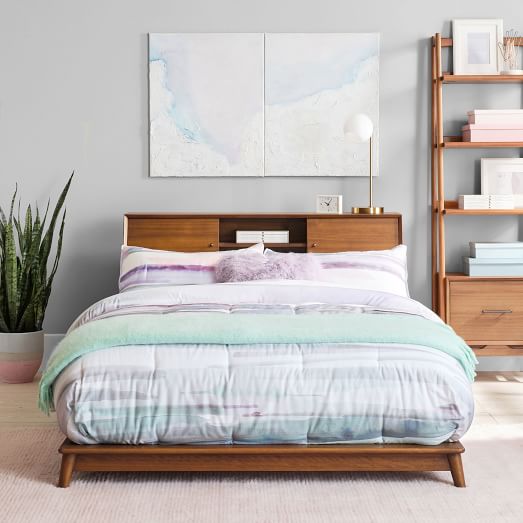 It's large enough to sleep two comfortably but doesn't take up the square footage of a king sized try a pale finish like washed teak or try something more dramatic like espresso or cappuccino. mid century headboard storage platform bed acorn