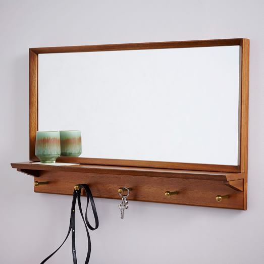 Mid Century Entryway Mirror Pecan, Wall Mounted Entryway Mirror With Drawers And Hooks