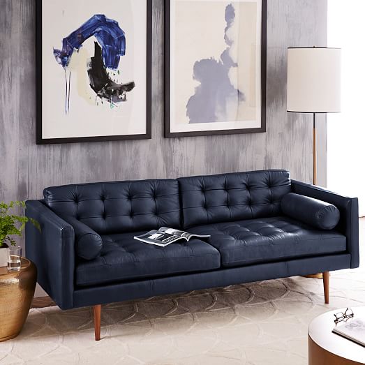 Monroe Mid Century Leather Sofa, Black Leather Mid Century Sofa