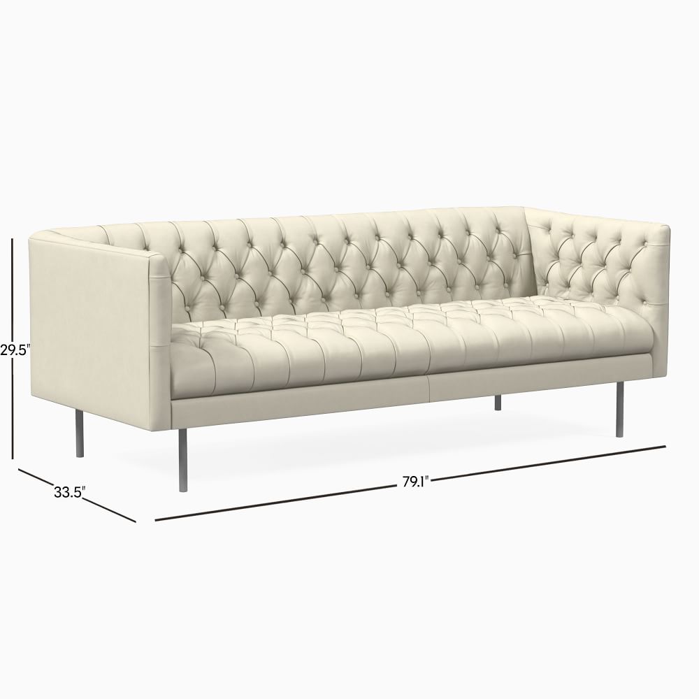 Modern Chesterfield 79" Sofa, Poly, Vegan Leather, Snow, Silver West Elm
