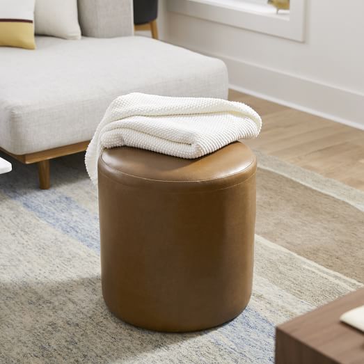 Isla Leather Ottoman, Round Leather And Wood Ottoman