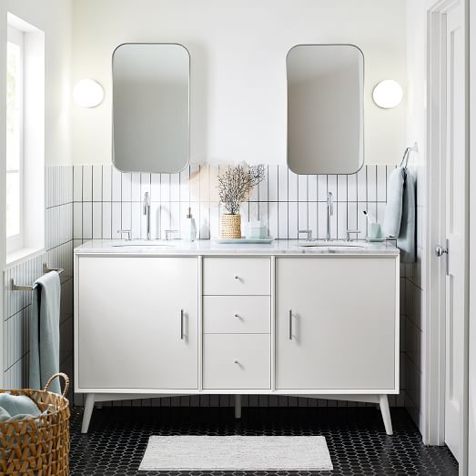 Mid Century Double Bathroom Vanity 63, White Bathroom Vanity With Sink