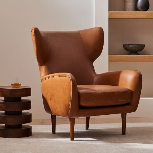 Lucia Leather Wing Chair Wood Legs, Modern Leather Wingback Chair