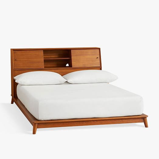 Mid Century Headboard Storage Platform Bed, California King Bed Frame With Bookcase Headboard