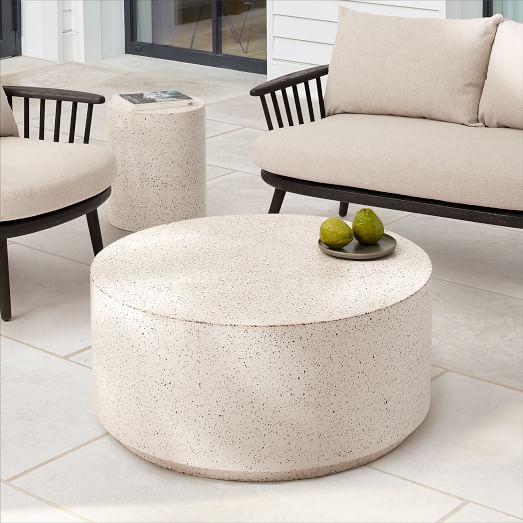 Terrazzo Drum Outdoor Round Coffee, Cb2 Mill Leather Coffee Table