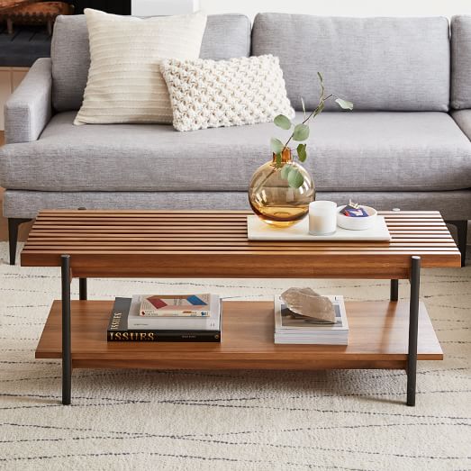 Slatted Wood Coffee Table 48, Industrial Slatted Wood Console Table