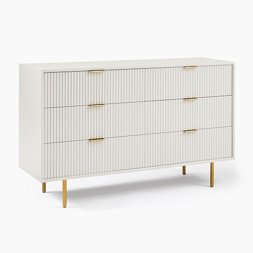 Quinn Wood 6 Drawer Dresser White, Modern 6 Drawer White Bedroom Dresser For Storage In Gold Color