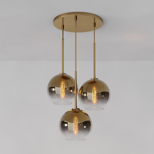3 Light Globe Chandelier Metallic Ombre, Brass Glass Globe Chandelier