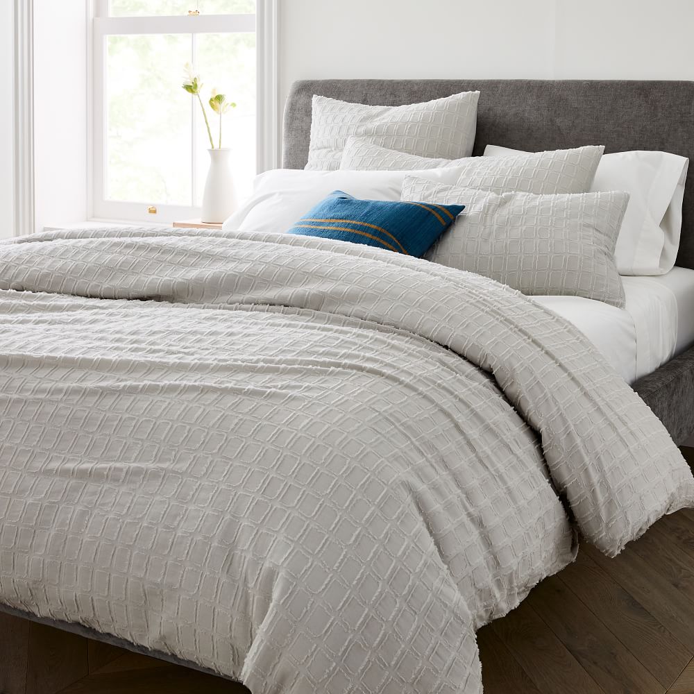 white duvet cover with black squares