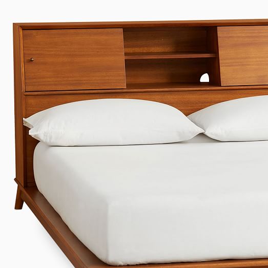 Mid Century Headboard Storage Platform Bed, Wooden Bed Frame With Headboard And Storage