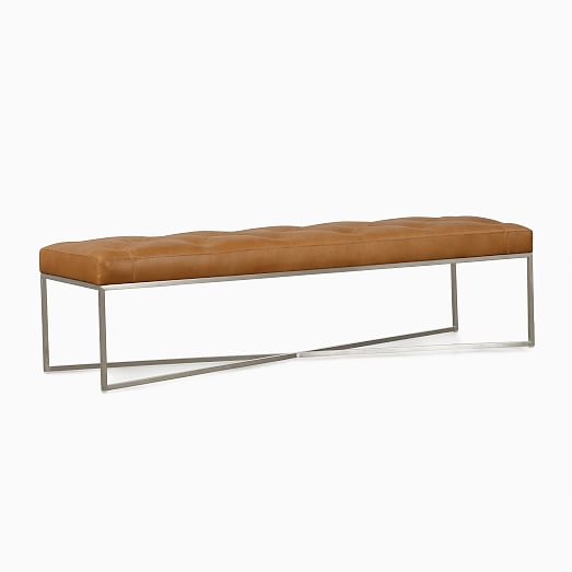 Maeve Rectangle Leather Bench, Vintage Leather Bench With Back Support
