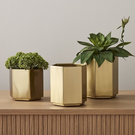 Indoor Plants not included Metal Plant pot set NEW Hexagonal Brushed Brass 
