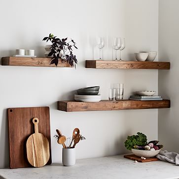 Reclaimed Solid Pine Floating Wall Shelves, Dark Walnut Floating Shelves Kitchen Design