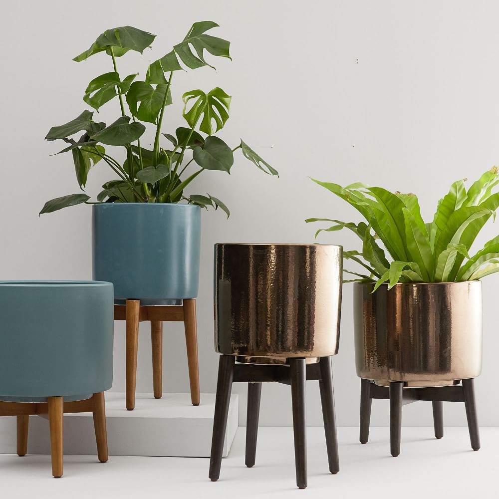 Turned Wood Leg Standing Planters Metallic West Elm