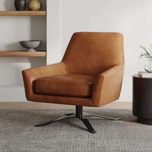 Lucas Leather Swivel Base Chair, Leather Swivel Club Chair Brown