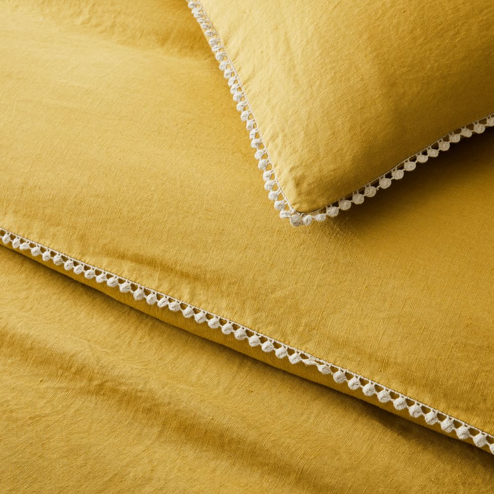 European Flax Linen Pom Pom Duvet Cover & Shams West Elm