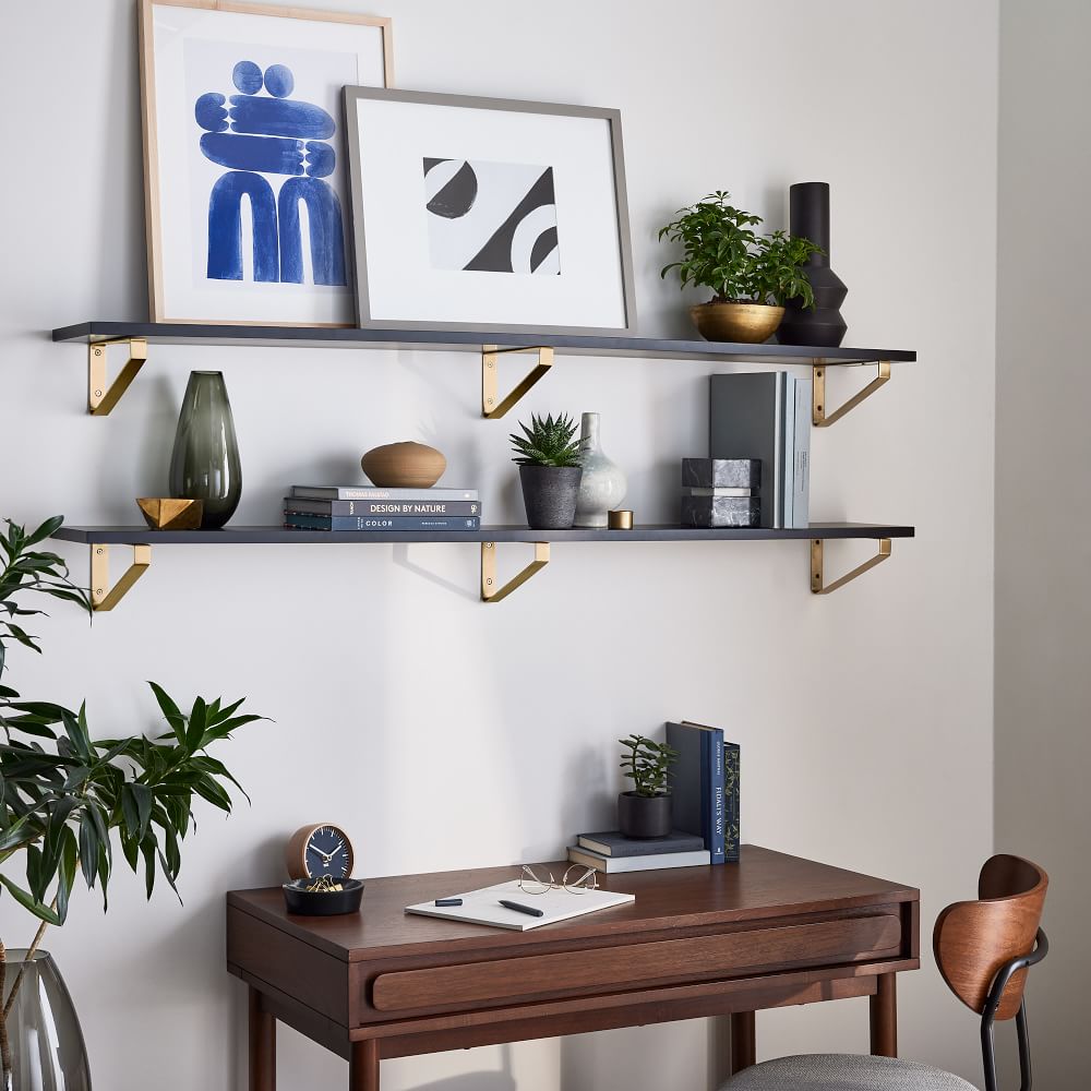 Linear Black Lacquer Wall Shelves with Fairfax Brackets, Antique Brass