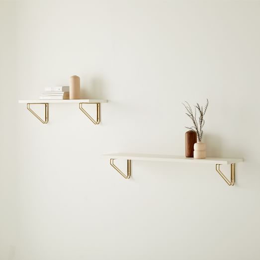 Linear White Lacquer Wall Shelves With, White Floating Shelves With Gold Brackets