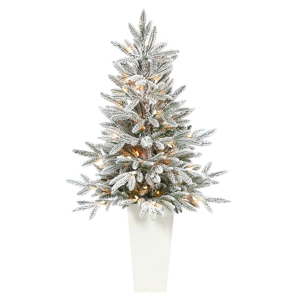 Pre-Lit Faux Potted Flocked Manchester Spruce Tree w/ Planter | West Elm