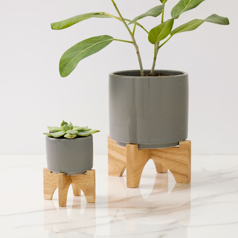 Mid-Century Turned Wood Tabletop Planters - Silver | West Elm