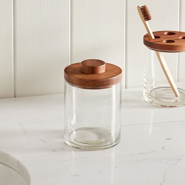 wood and glass bathroom accessories