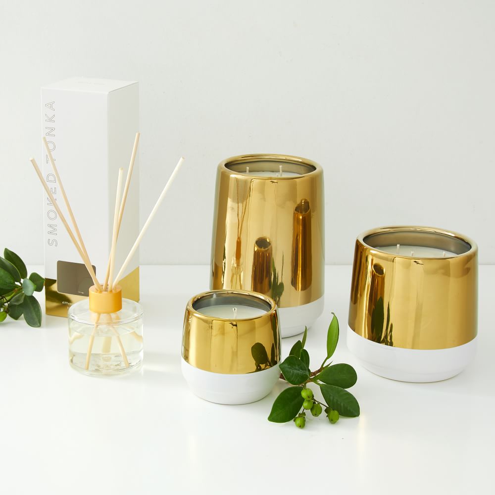 White & Gold Candle Smoked Tonka West Elm