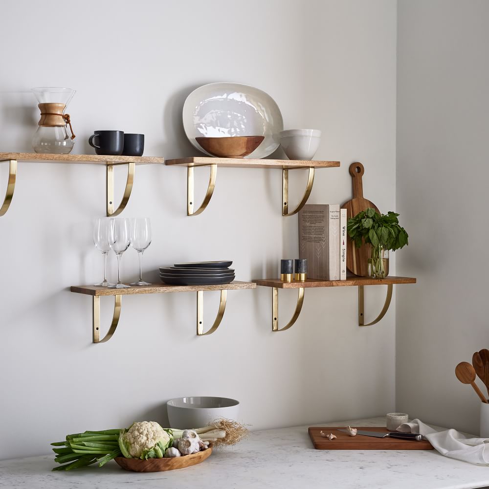 Linear Raw Mango Wood Wall Shelves with Arch Brackets West Elm