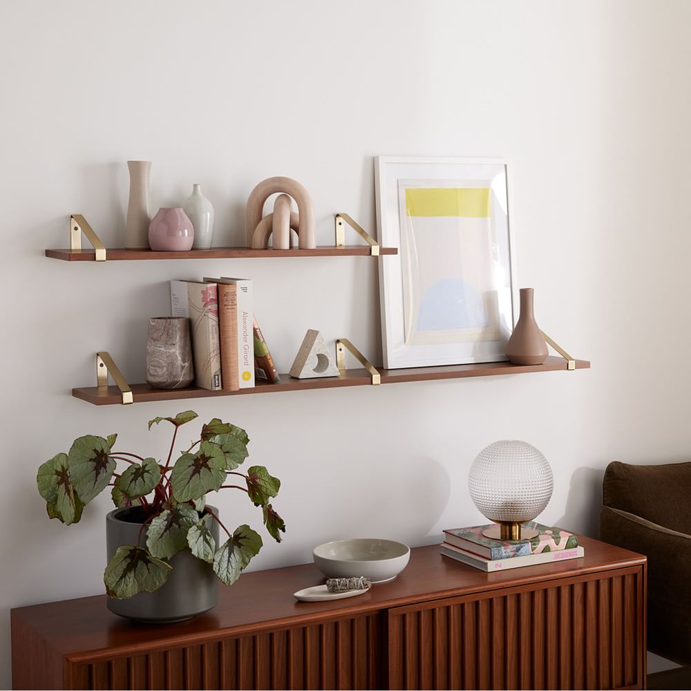 Linear Cool Walnut Wood Wall Shelves with Fairfax Brackets West Elm