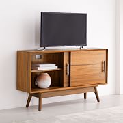 Welwick Designs 58 in. Caramel Solid Wood TV Stand Fits TVs Up to 65 in. with Cutout Cabinet Handles