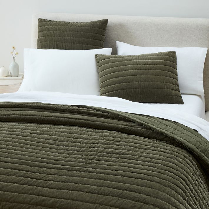 Cotton Velvet Pick Stitch Quilt - dark olive (queen)