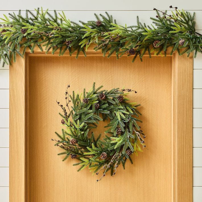 PreLit Faux Woodland Pine Wreath & Garland West Elm